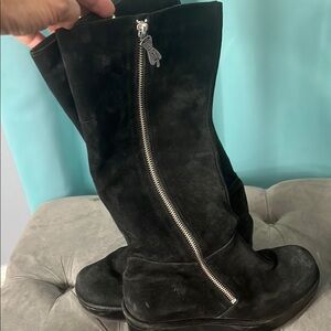 Black Suede Knee-High Platform-Wedge Boots with Zipper